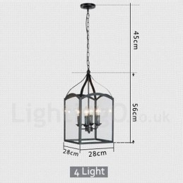 Luminária pendente rústica de metal preto com 4 luzes e cúpula de vidro