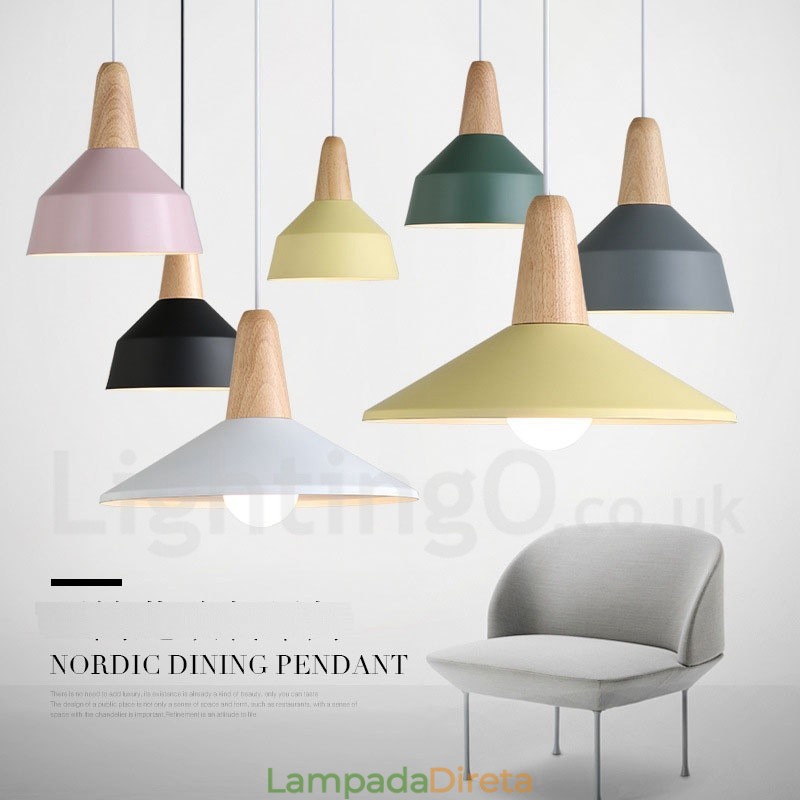 Luminária pendente moderna contemporânea de madeira e metal multicolorida