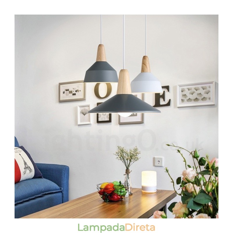 Luminária pendente moderna contemporânea de madeira e metal multicolorida