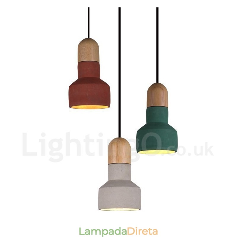Luminária pendente vintage de concreto de madeira multicolorida para lâmpada