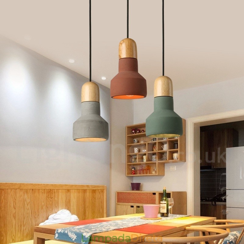 Luminária pendente vintage de concreto de madeira multicolorida para lâmpada