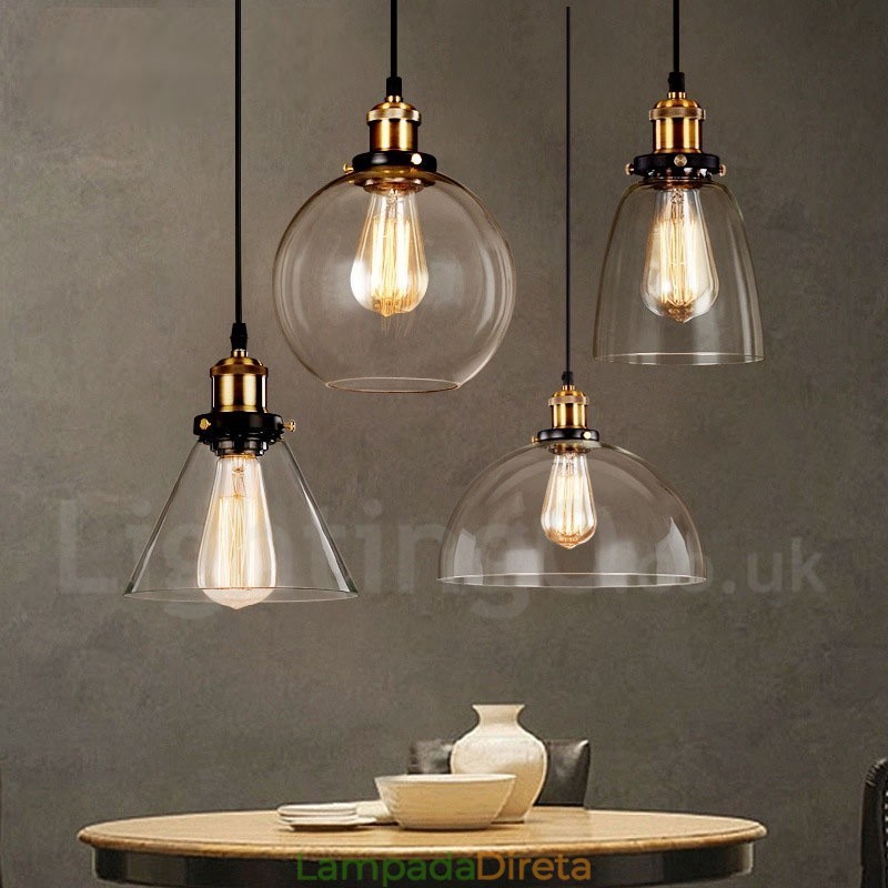 Luminária pendente retrô vintage com abajur de vidro