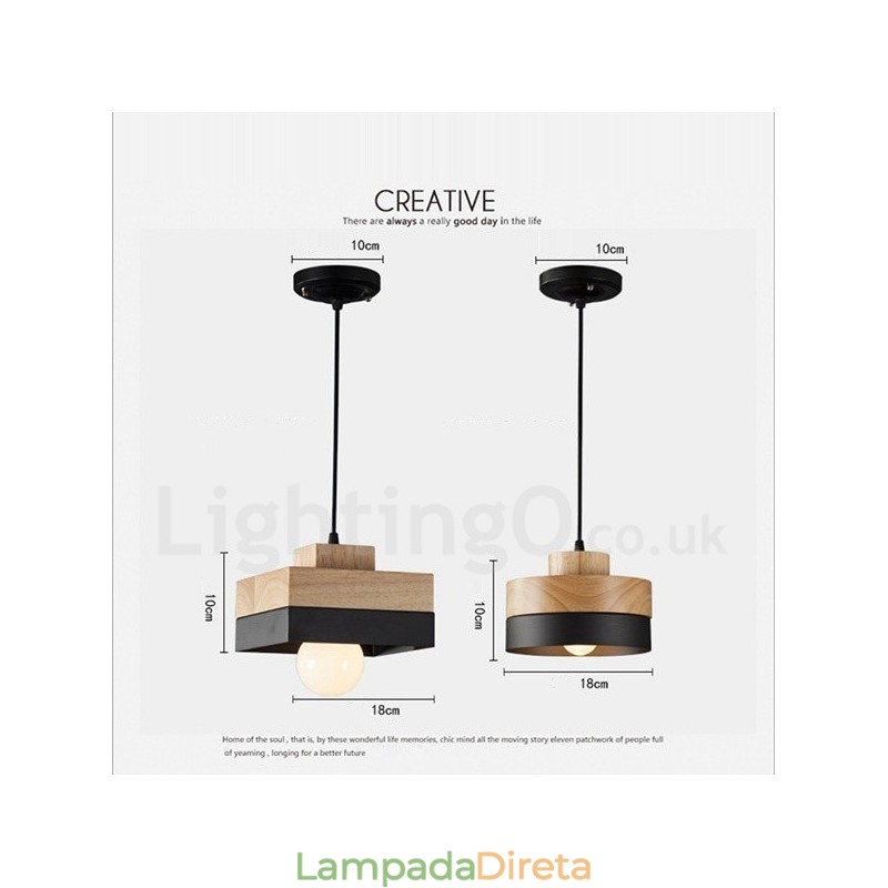 Luminária pendente moderna contemporânea de madeira e metal