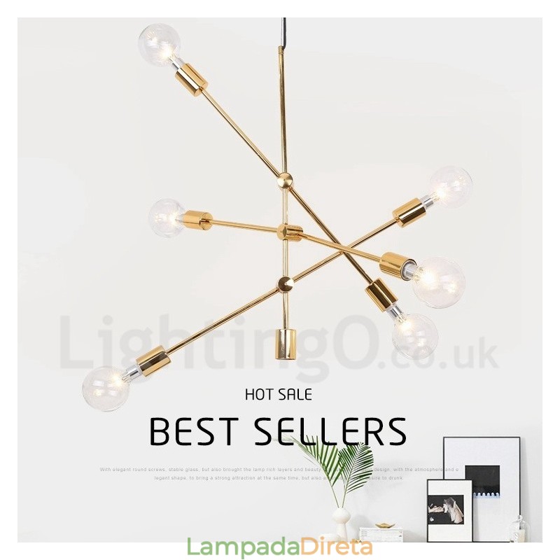 Lustre de cobre com 6 luzes e abajur de vidro