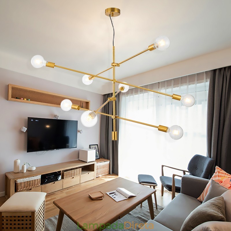 Lustre de cobre com 6 luzes e abajur de vidro