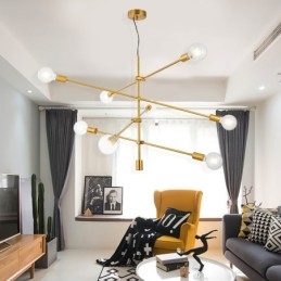 Lustre de cobre com 6 luzes e abajur de vidro