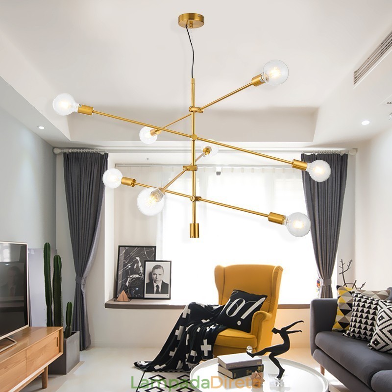 Lustre de cobre com 6 luzes e abajur de vidro