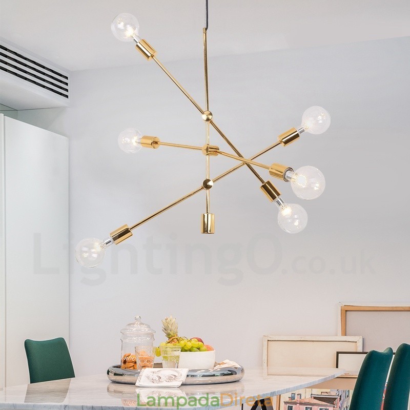 Lustre de cobre com 6 luzes e abajur de vidro