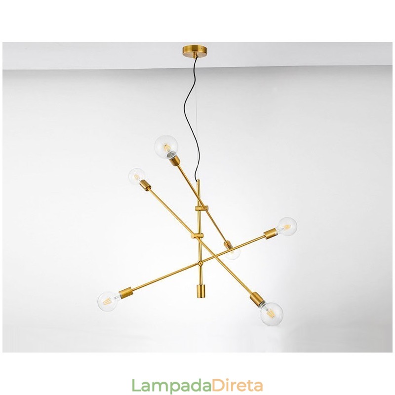 Lustre de cobre com 6 luzes e abajur de vidro