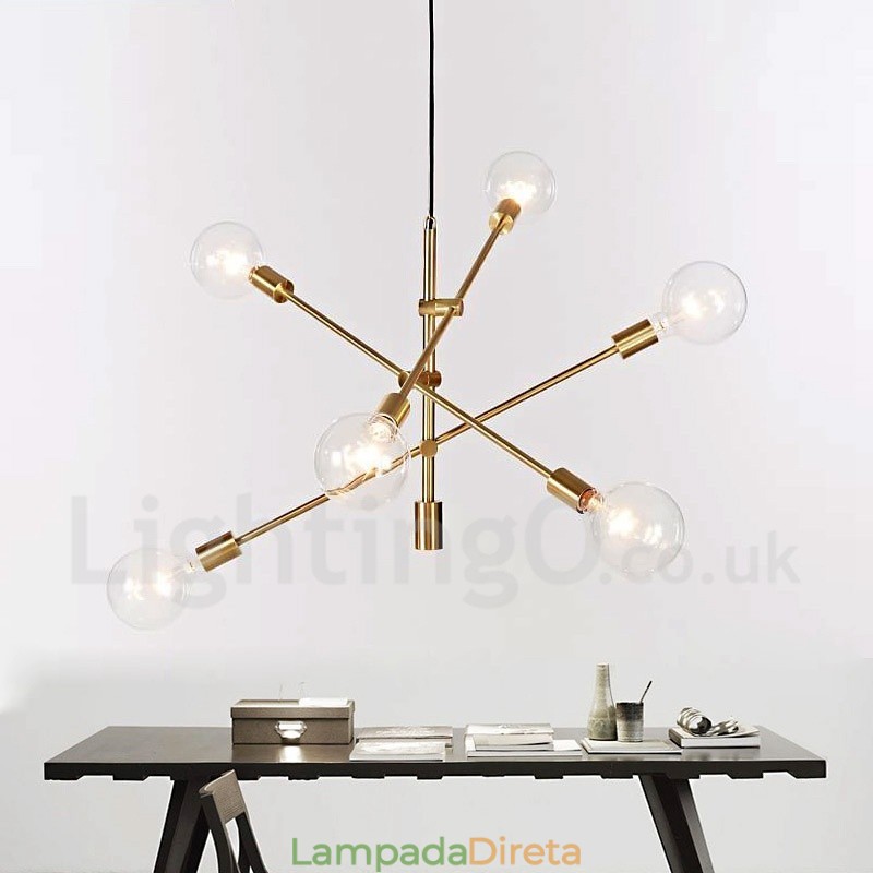 Lustre de cobre com 6 luzes e abajur de vidro