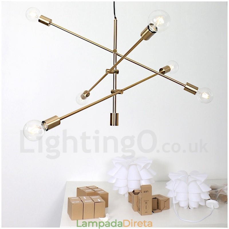 Lustre de cobre com 6 luzes e abajur de vidro