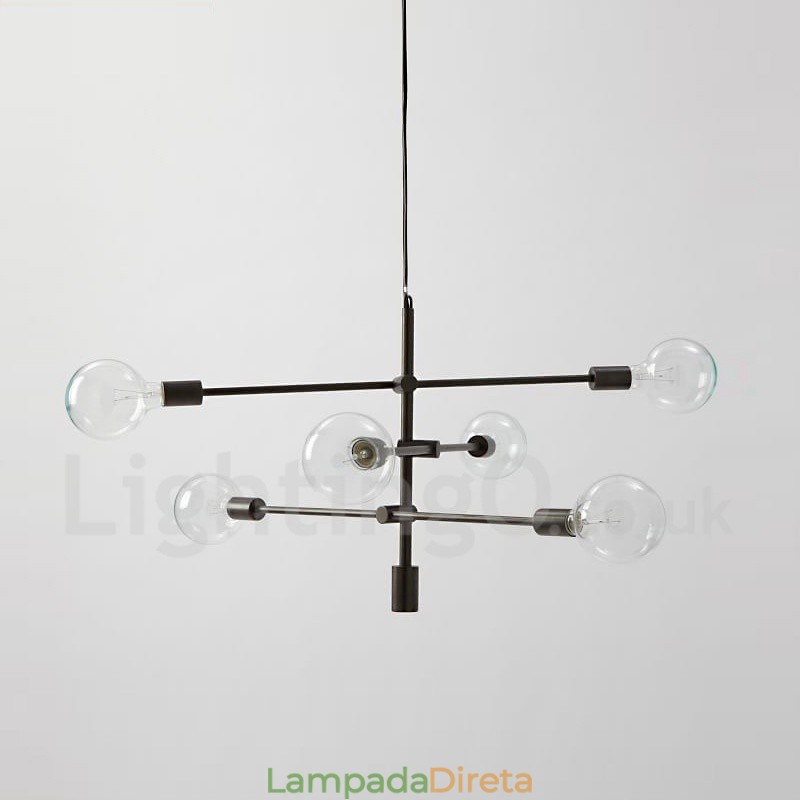 Lustre de cobre com 6 luzes e abajur de vidro