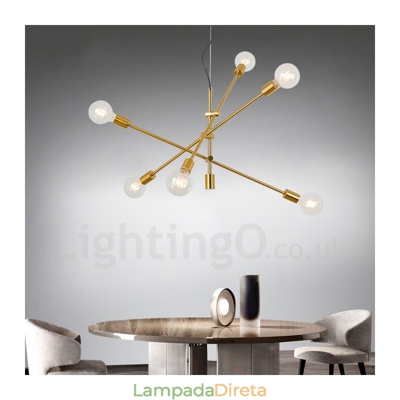 Lustre de cobre com 6 luzes e abajur de vidro