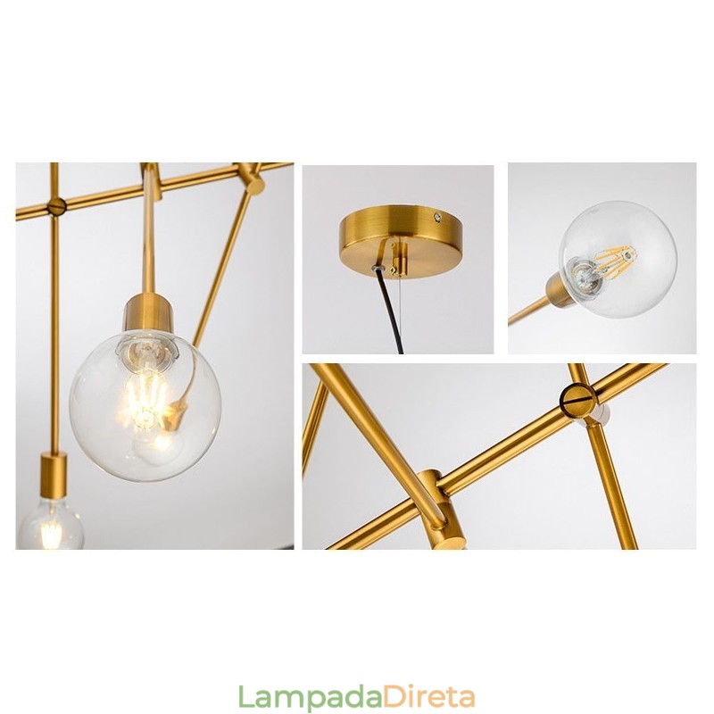 Lustre de cobre com 6 luzes e abajur de vidro