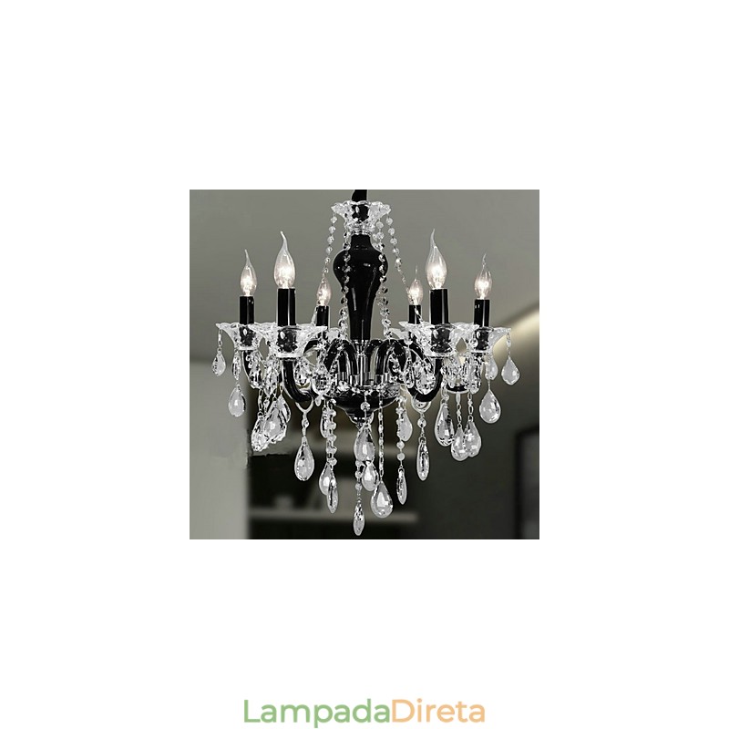 Lustre de cristal de 6 luzes com detalhes em design preto