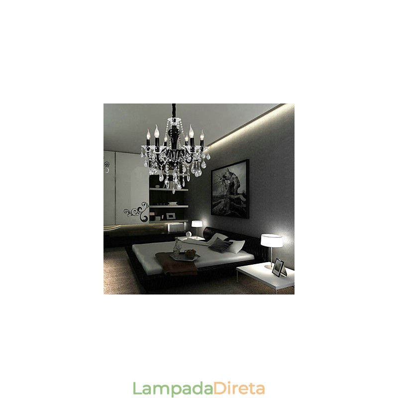Lustre de cristal de 6 luzes com detalhes em design preto