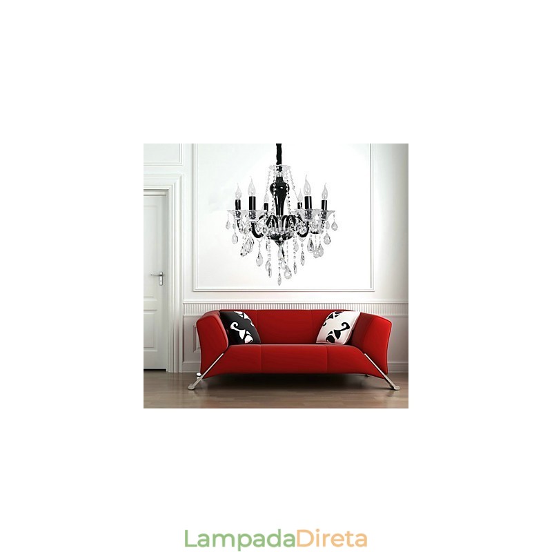 Lustre de cristal de 6 luzes com detalhes em design preto