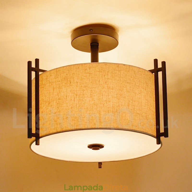 Luminária pendente rústica de tambor de metal com cúpula de tecido
