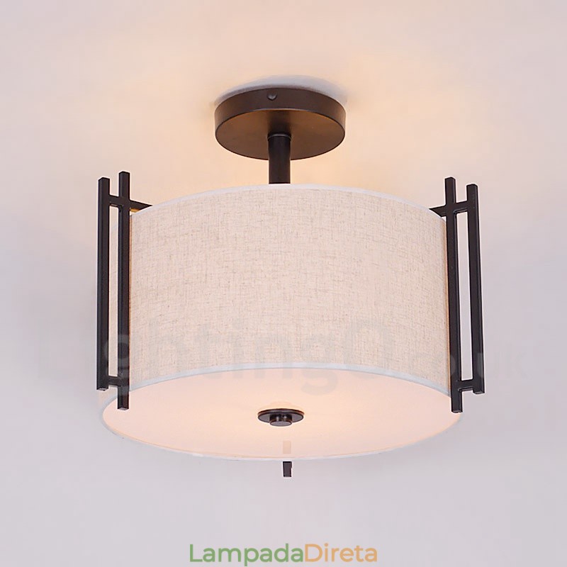 Luminária pendente rústica de tambor de metal com cúpula de tecido