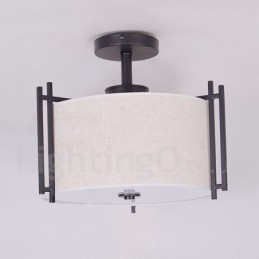 Luminária pendente rústica de tambor de metal com cúpula de tecido