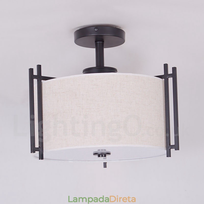 Luminária pendente rústica de tambor de metal com cúpula de tecido