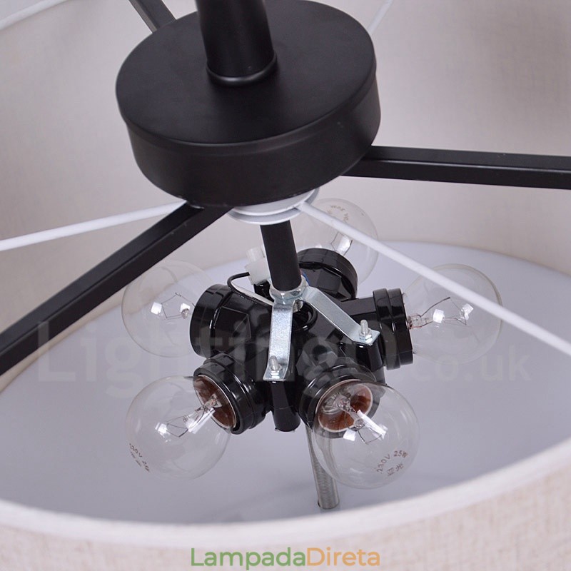 Luminária pendente rústica de tambor de metal com cúpula de tecido