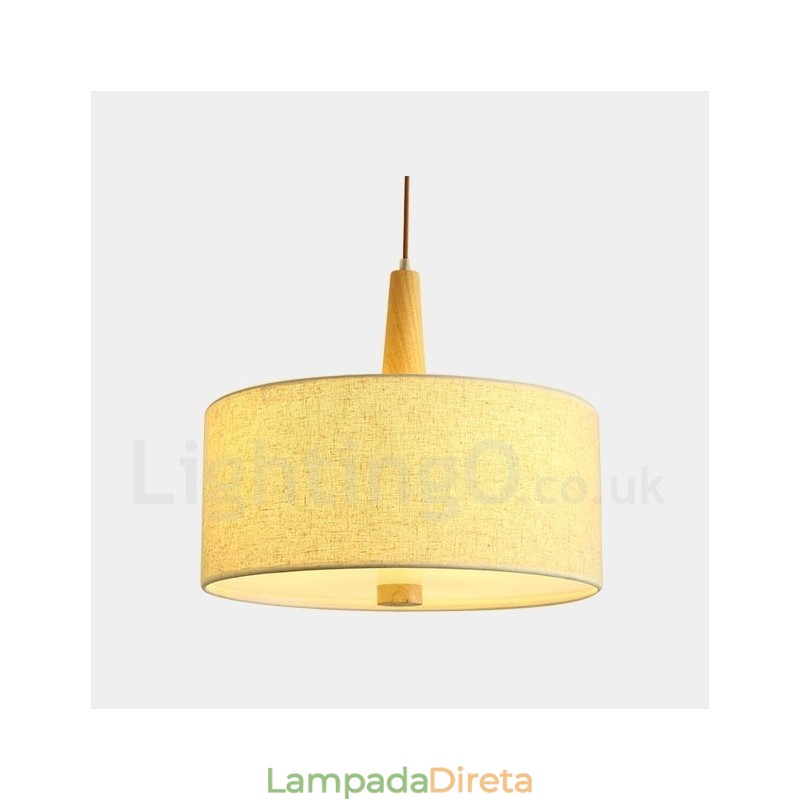 Luminária pendente de tambor contemporânea moderna de madeira com cúpula de tecido