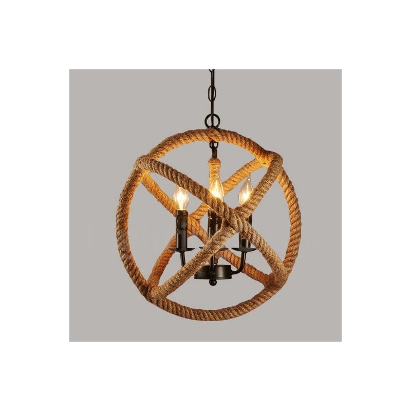 Luz pendente vintage de 3 luzes de corda de cânhamo country