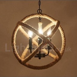 Luz pendente vintage de 3 luzes de corda de cânhamo country