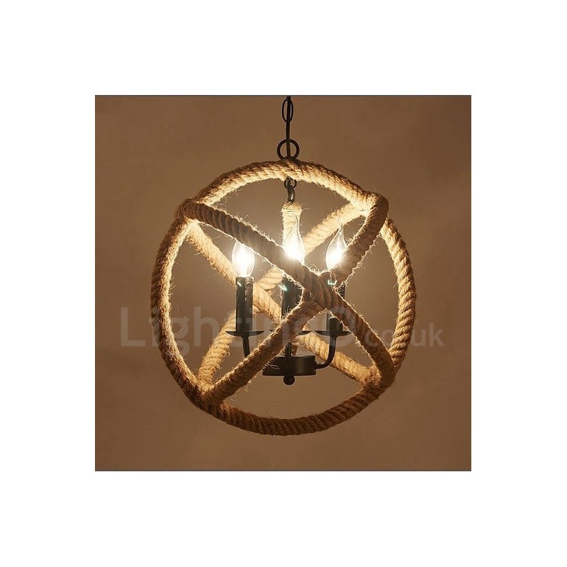 Luz pendente vintage de 3 luzes de corda de cânhamo country