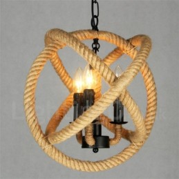 Luz pendente vintage de 3 luzes de corda de cânhamo country