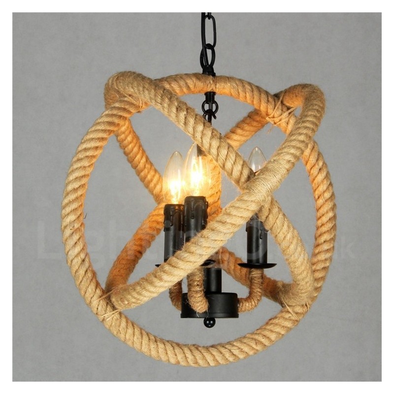 Luz pendente vintage de 3 luzes de corda de cânhamo country