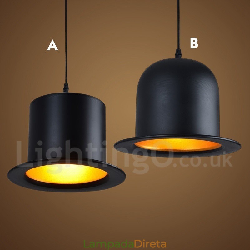 Forma de chapéu de metal preto 1 luz retro vintage pingente luz