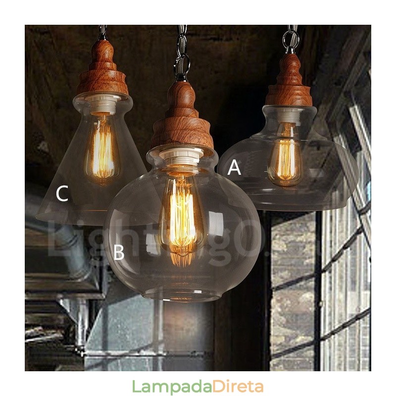 Luminária pendente retrô vintage com abajur de vidro