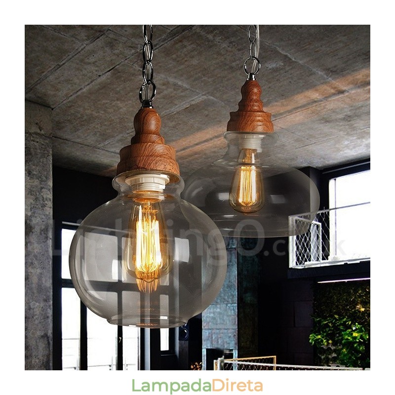 Luminária pendente retrô vintage com abajur de vidro