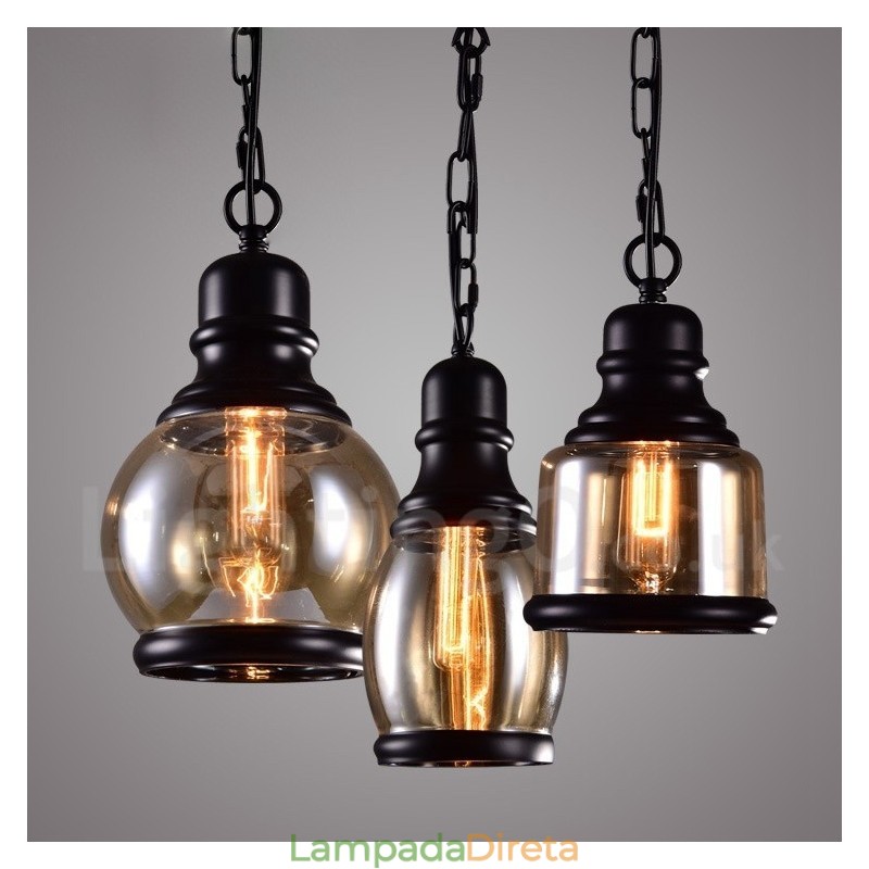 Luminária pendente retrô vintage com abajur de vidro
