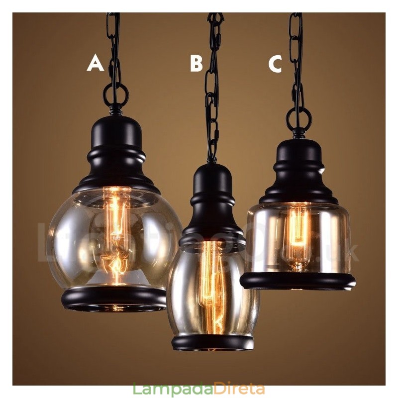 Luminária pendente retrô vintage com abajur de vidro