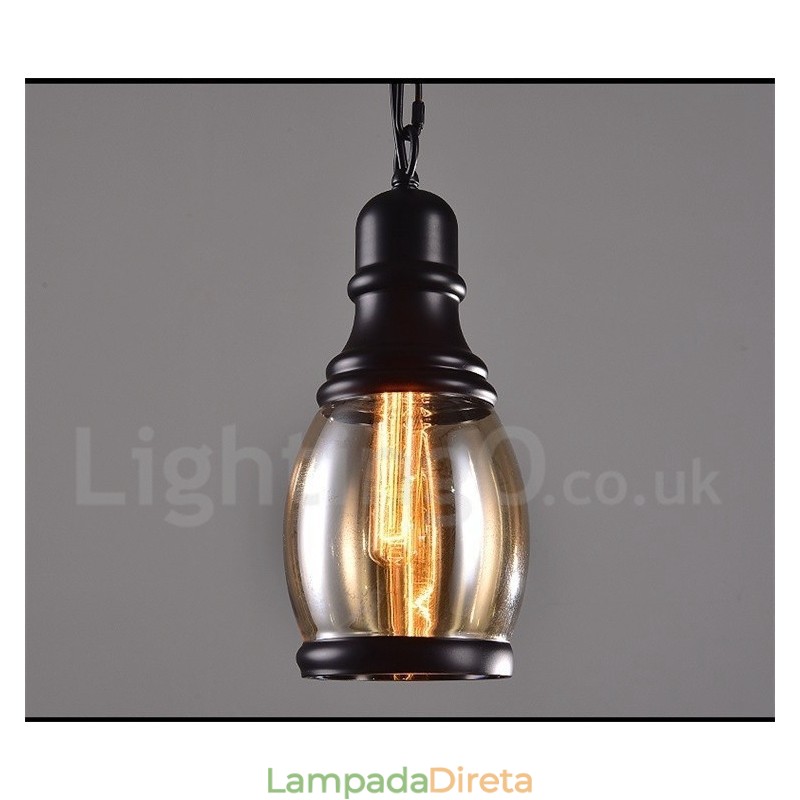 Luminária pendente retrô vintage com abajur de vidro