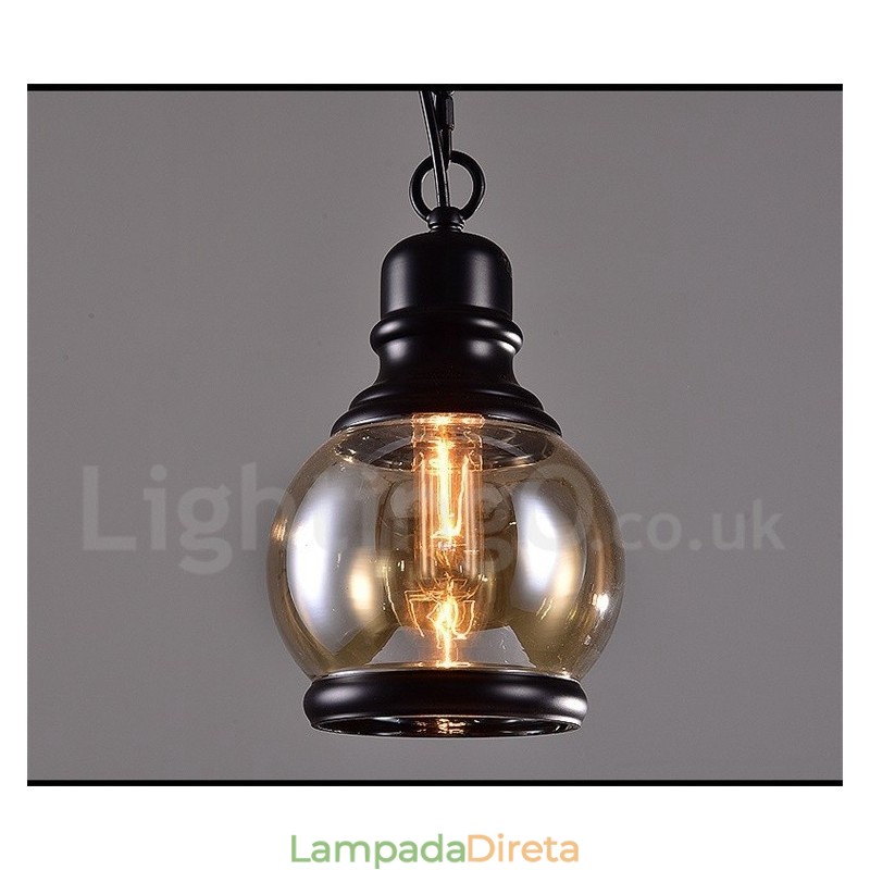 Luminária pendente retrô vintage com abajur de vidro