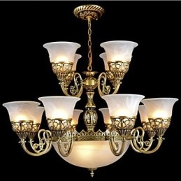 Lustre de Bronze Quinze Luzes Vidro Moiré Europeu Retro Clássico