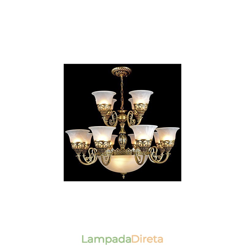 Lustre de Bronze Quinze Luzes Vidro Moiré Europeu Retro Clássico