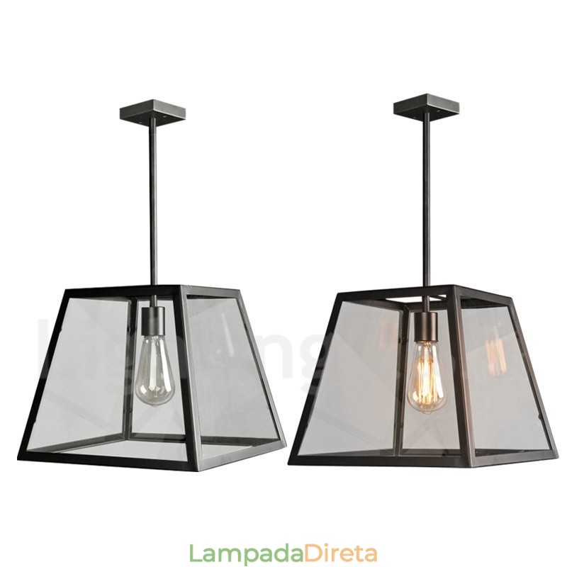 Luminária pendente de metal vintage com cúpula de vidro