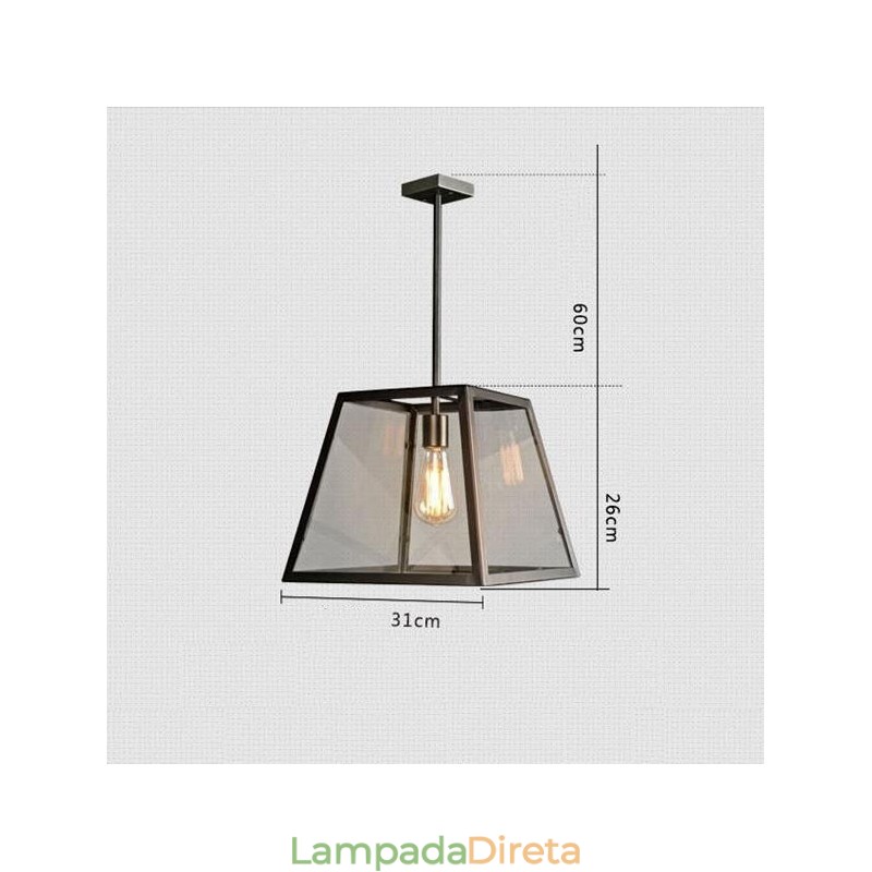 Luminária pendente de metal vintage com cúpula de vidro