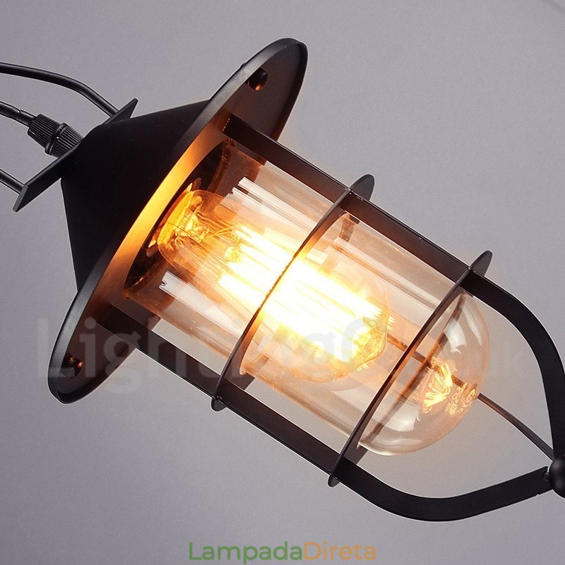 Luminária pendente de metal vintage com cúpula de vidro