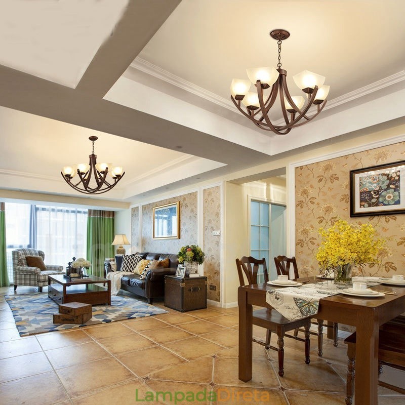 Lustre de metal integrado rústico de 6 luzes