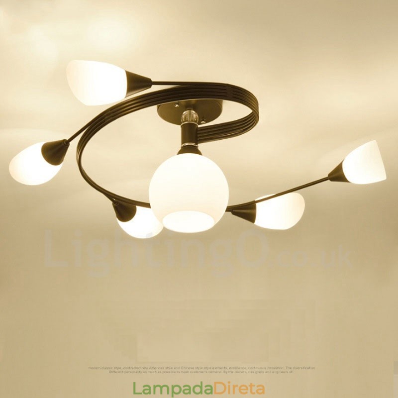 Lustre integrado rústico de 6 luzes com cúpula de vidro