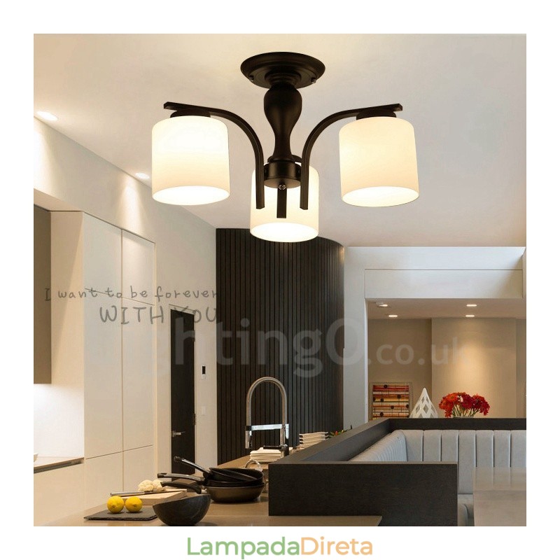 Lustre de metal integrado com 3 luzes e cúpula de vidro