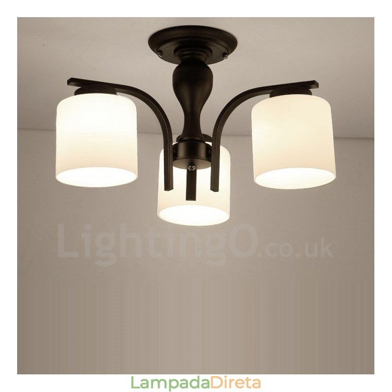 Lustre de metal integrado com 3 luzes e cúpula de vidro