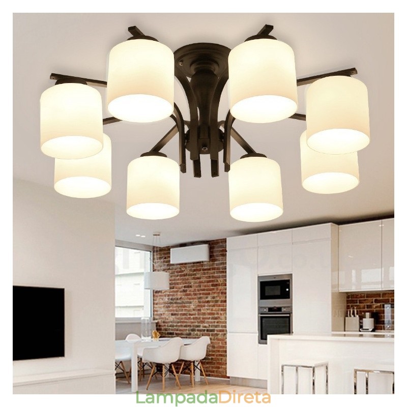 Lustre de metal integrado Country de 8 luzes com cúpula de vidro