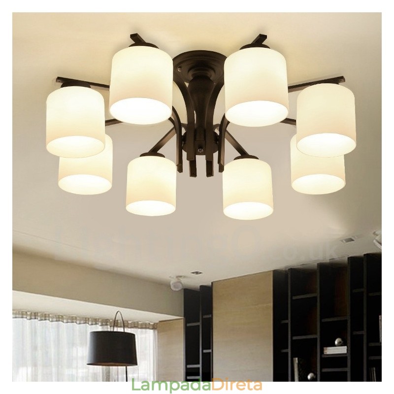 Lustre de metal integrado Country de 8 luzes com cúpula de vidro